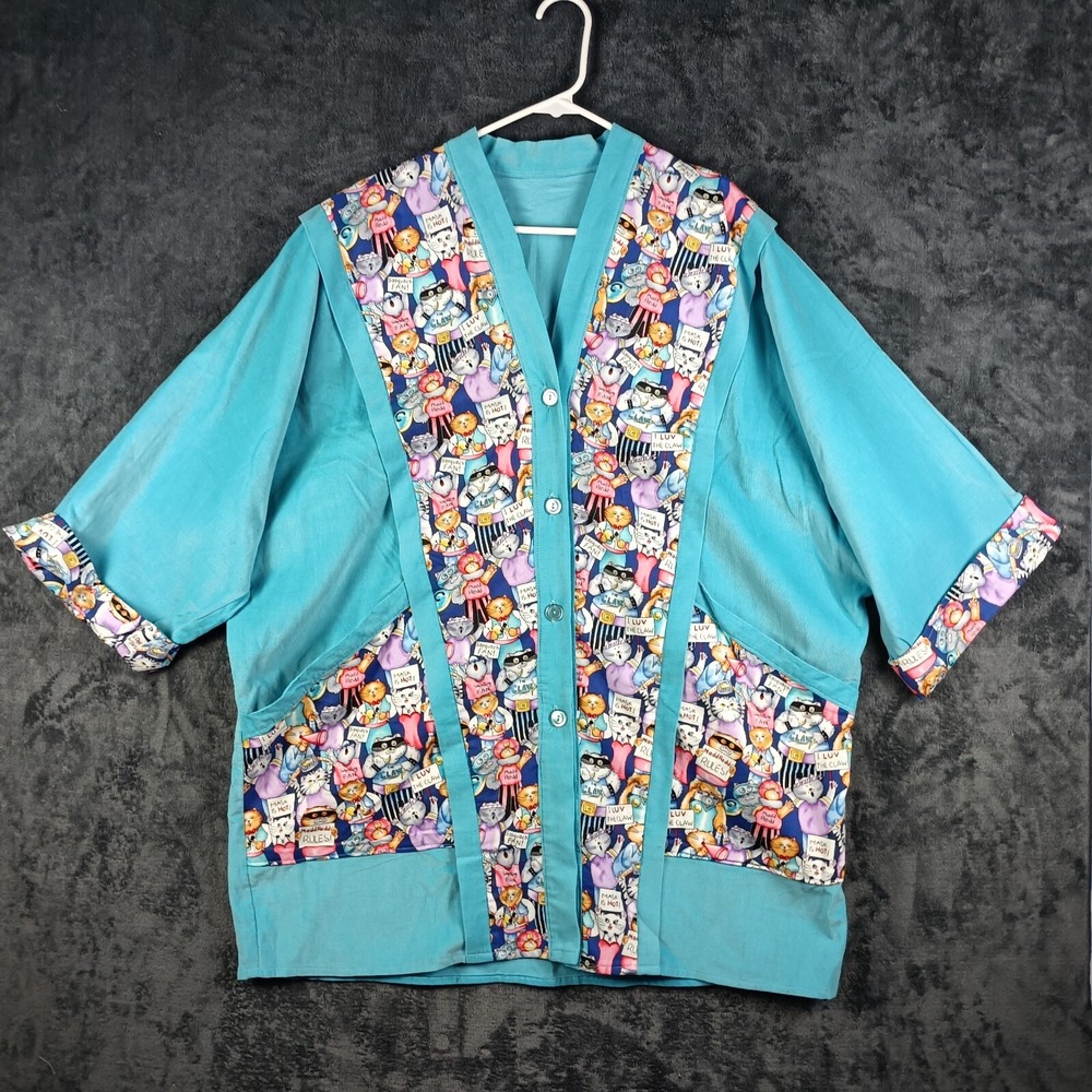 Scrub Jacket Women Medium Teal Cat Print Veterinary Vet Tech Groomer